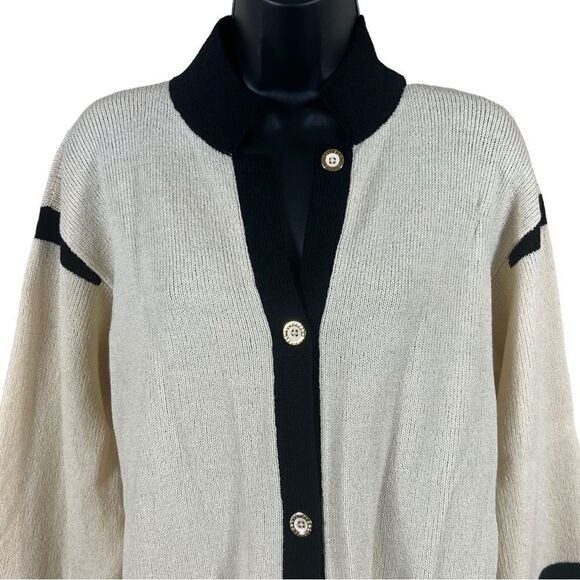 Vintage Alnoral Varsity Prep Style Cream & Black Wool Blend Cardigan Sweater - Picture 2 of 10